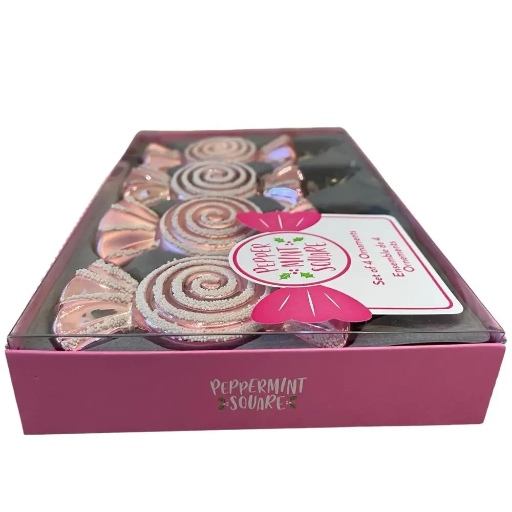 Pepper Mint Square CHRISTMAS CANDY Shaped Clip On Ornaments Set of 4 PINK Swirl
